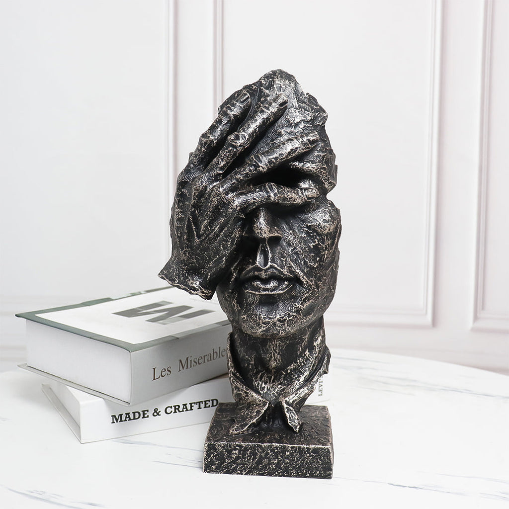 SOGA 30cm Black Resin Sculpture Covered Eyes Face Design Modern Art for Home Decor