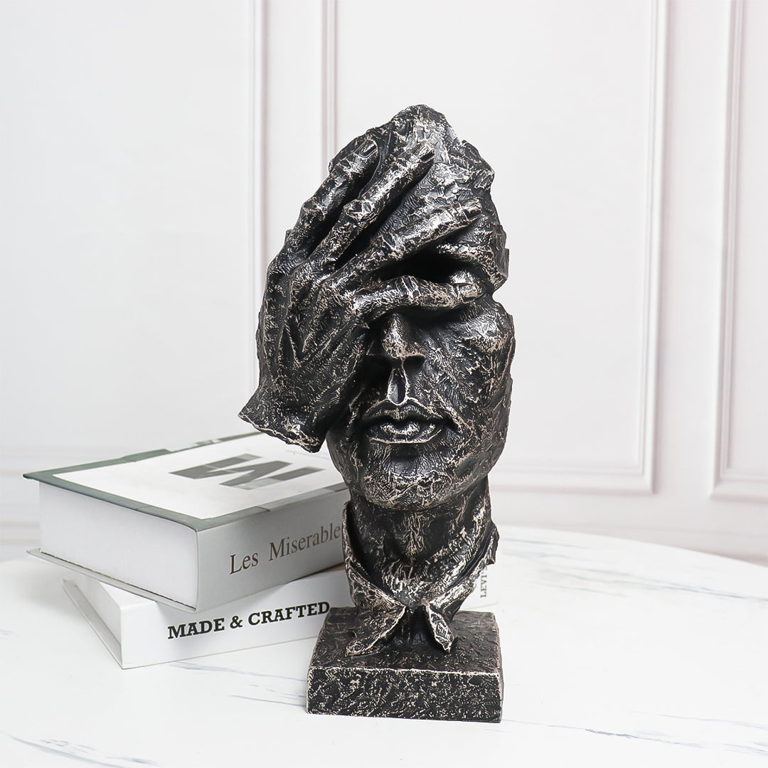 SOGA 30cm Black Resin Sculpture Covered Eyes Face Design Modern Art for Home Decor