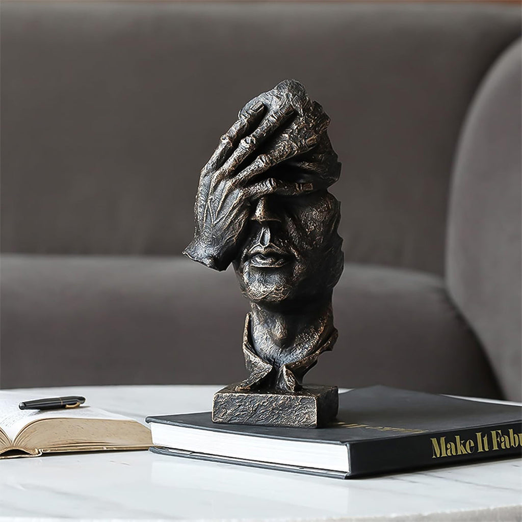 SOGA 30cm Black Resin Sculpture Covered Eyes Face Design Modern Art for Home Decor