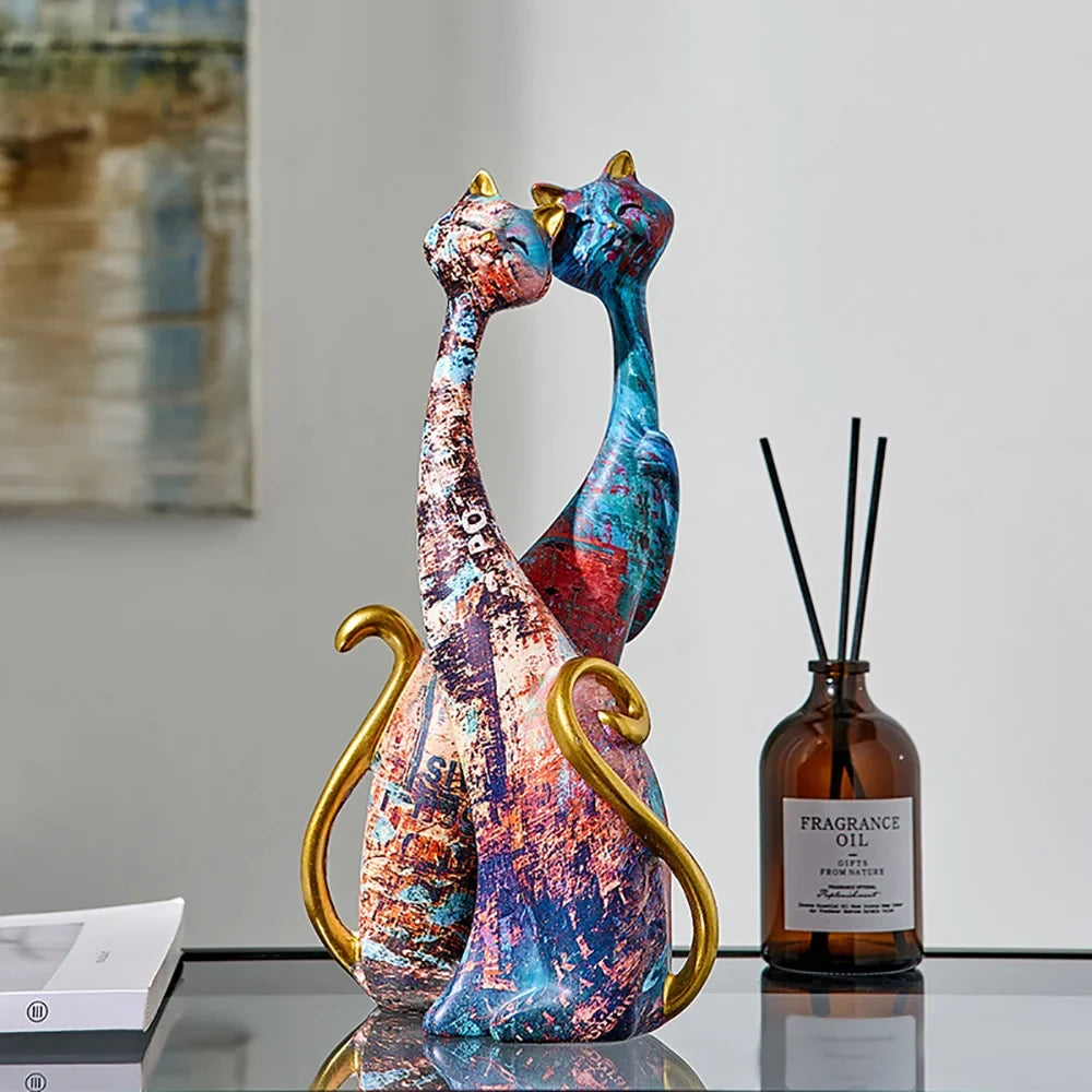 European Style 2pcs Oil Painting Cat Statues Animal Modern Sculpture Room Decoration Accessories Sculptures for Home Design Gift