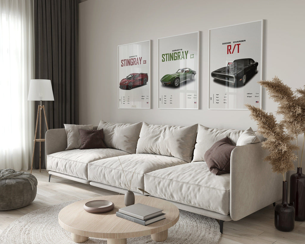 Poster Sportwagen CORVETTE Stingray C8 C3 DODGE CHARGER RTSportauto · Geschenk für ihn · Wohnzimmmer & Büro · Wand Deko · Print ohne Rahmen