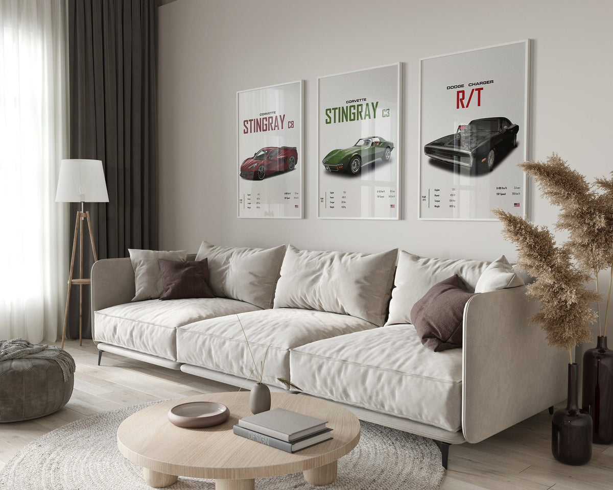 Poster Sportwagen CORVETTE Stingray C8 C3 DODGE CHARGER RTSportauto · Geschenk für ihn · Wohnzimmmer & Büro · Wand Deko · Print ohne Rahmen