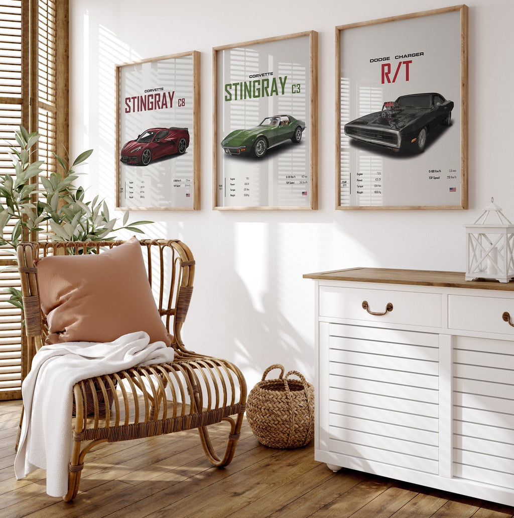 Poster Sportwagen CORVETTE Stingray C8 C3 DODGE CHARGER RTSportauto · Geschenk für ihn · Wohnzimmmer & Büro · Wand Deko · Print ohne Rahmen
